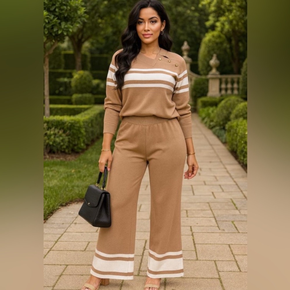 Elegant Tan Wide Leg 2 Piece Set